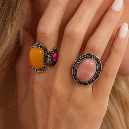 Ingemark 2 Pcs/Set Vintage Inlay Geometric Resin Oval Stone Rings Women Trend Elegant Rhinestone Adjustable Finger Ring Jewelry