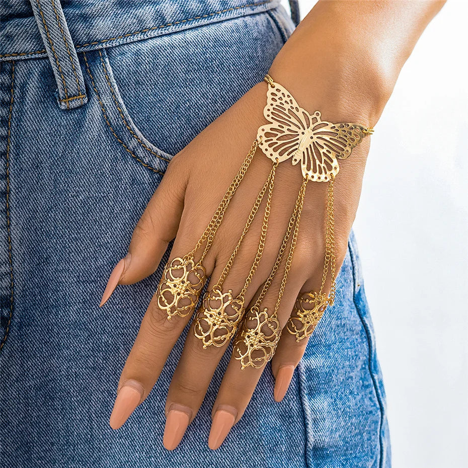 Goth Gypsy Ethnic Big Hollow Butterfly Wrist Chain Finger Rings Harness Bracelets for Women Belly Dancer Dubai Halloween Jewelry