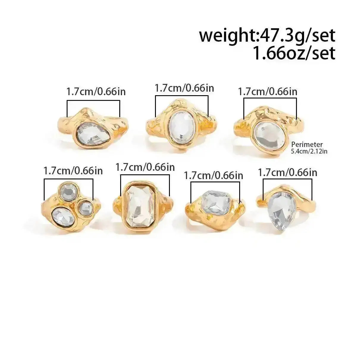 Ingemark 7 Pcs Personalized Sparkling Rhinestone Adjustable Open Rings Set for Women Punk Waterdrop Square Stackable Finger Ring