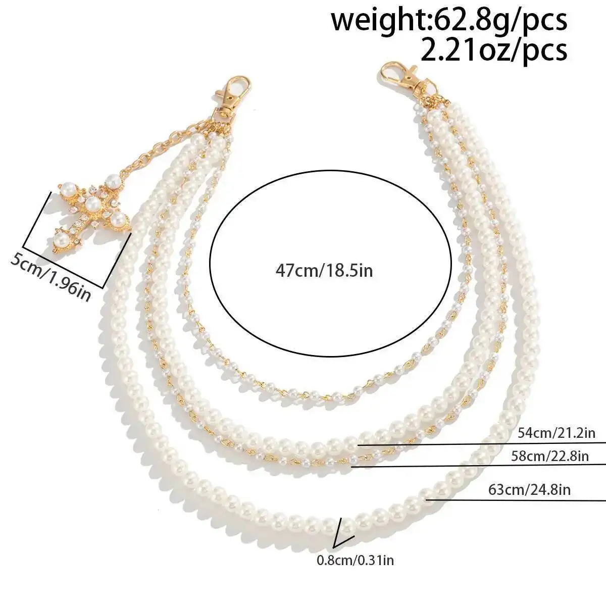 Men's Hip Hop Trend Exquisite Multilayer Imitation Pearl Keychain Cross Pendant Wallet Belt Chain Jewelry Accessory