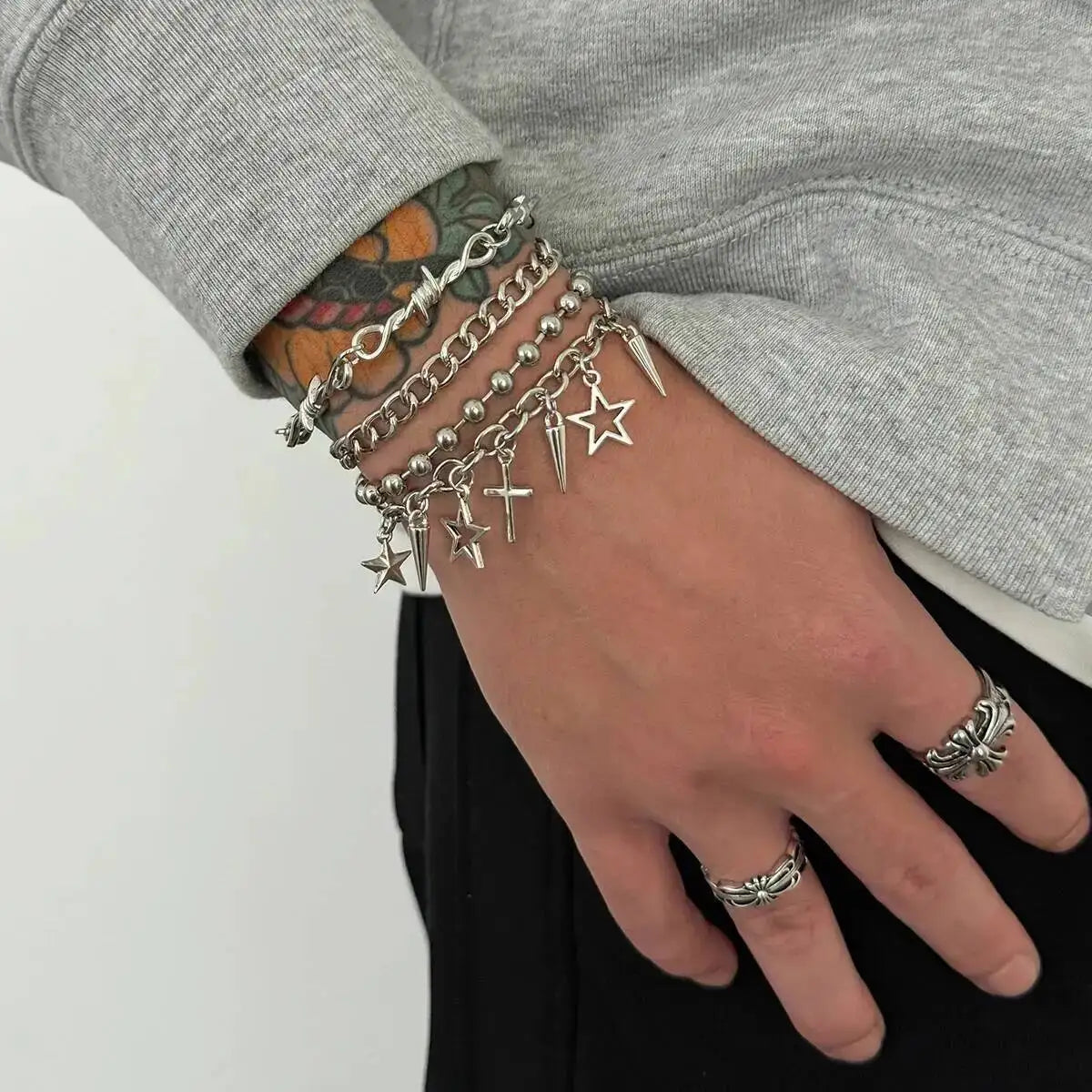 Trendy Multi Layer Stackable Cuban Chain Bracelet Men Hip Hop Pentagram Jesus Cross Rivet Pendant Bracelet Punk Jewelry