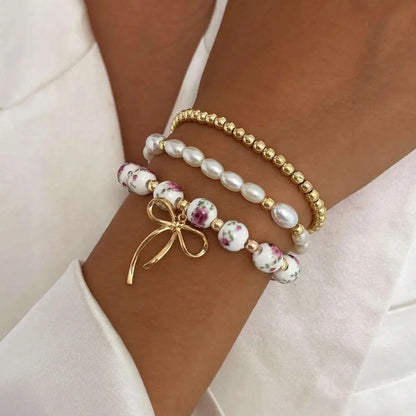 Ingemark 3Pcs/Set Boho Imitation Pearl Starfish Beads Bracelets Women Romantic Elegant Charm Bangle Daily Party Banquet Jewelry