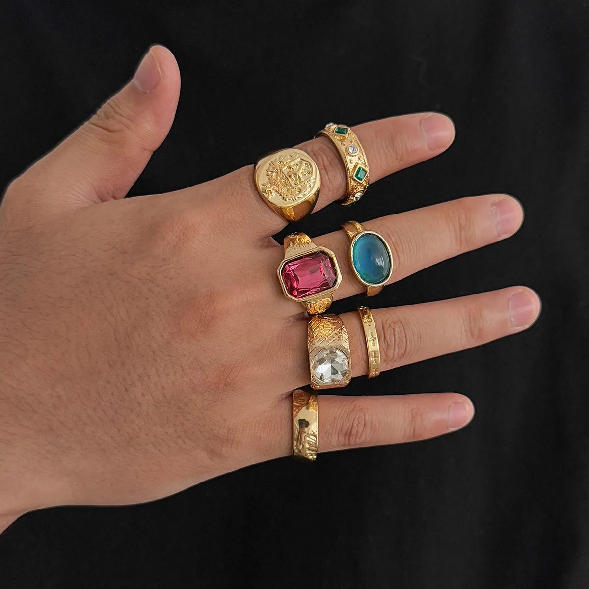 Ingemark 7Pcs/Set Luxury Inlay Acrylic Rhinestone Open Rings for Men Punk Gold Color Metal Adjustable Ring Jewelry Accessories