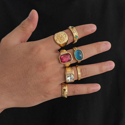 Ingemark 7Pcs/Set Luxury Inlay Acrylic Rhinestone Open Rings for Men Punk Gold Color Metal Adjustable Ring Jewelry Accessories