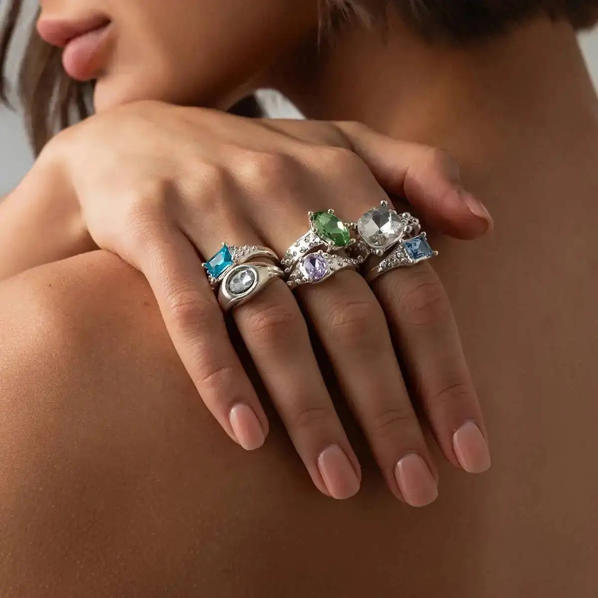 Ingemark 6 Pcs/Set Personality Acrylic Rhinestone Adjustable Open Rings for Women Vintage Stackable Finger Rings Hip Hop Jewelry