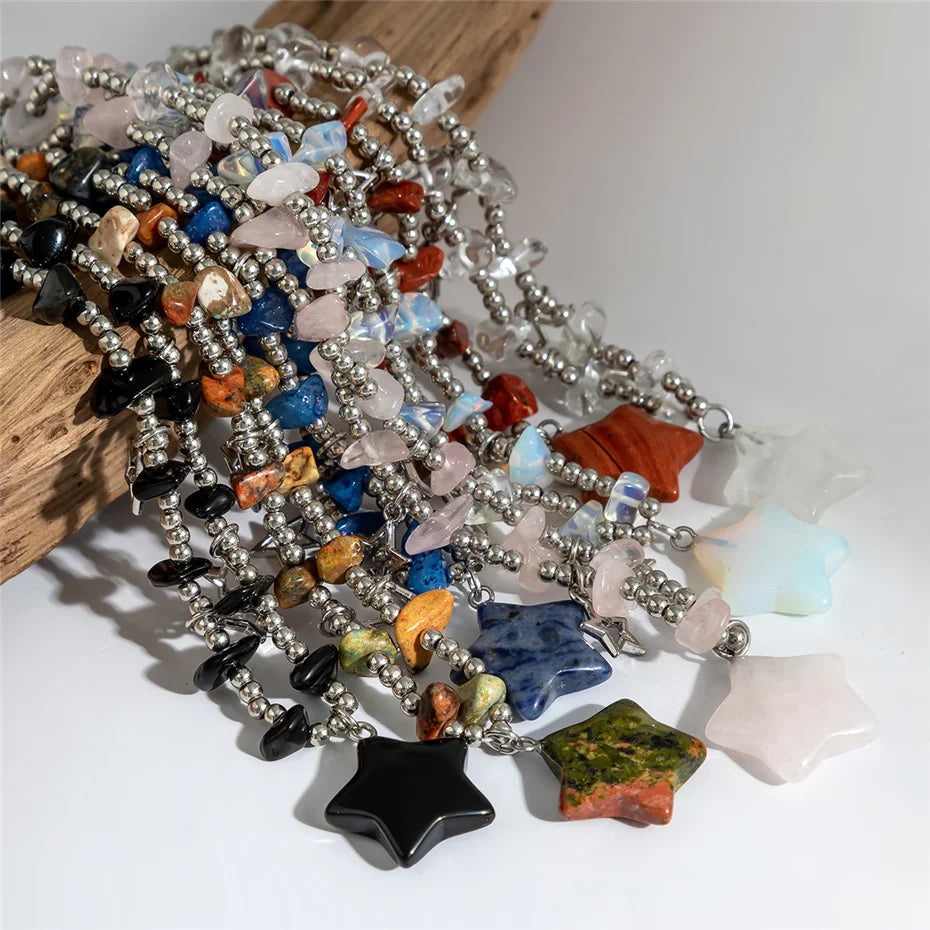 Boho Colorful Irregular Stone Hollow Star Pendant Choker Necklace Women Summer Goth Beads Chain Y2K Jewelry Accessories