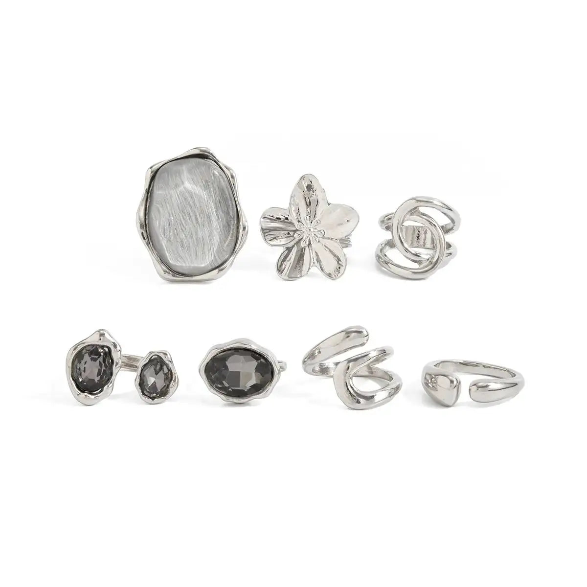 Ingemark 7Pcs Stylish Rhinestone Open Rings Set for Women Retro Gothic Stackable Big Flower Adjustable Finger Ring Jewelry Gifts