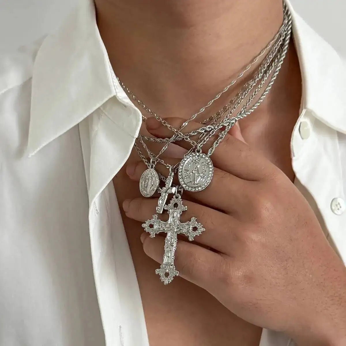 6Pcs/Set Punk Big Cross Jesus Pendant Choker Necklace for Men Collaes Hip Hop Adjustable Chain Christian Jewelry Gift