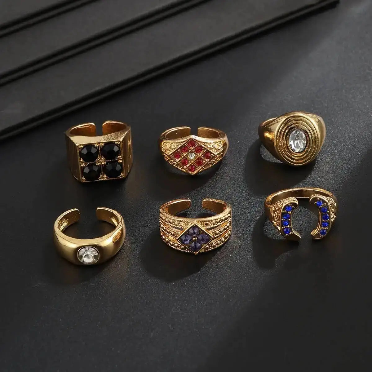 Ingemark 6 Pcs Hip Hop Colorful Rhinestones Adjustable Open Rings Set for Men Punk Retro Irregular Stackable Chunky Finger Ring