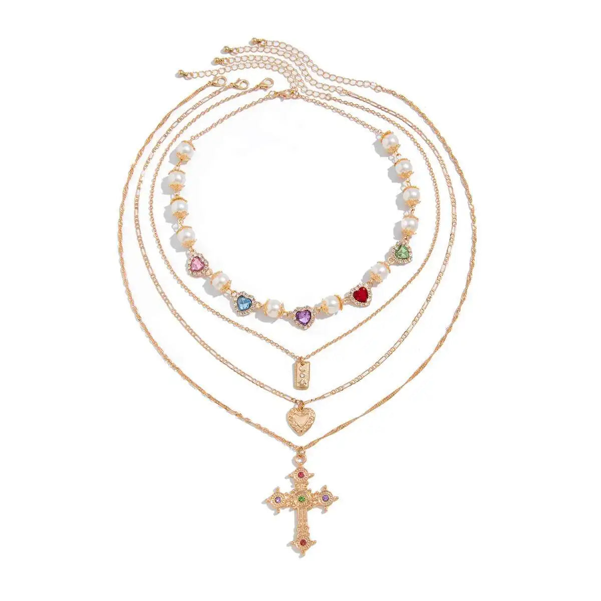 Ingemark Multilayer Rhinestone Love Heart Imitation Pearl Chain Necklace Women Creative Jesus Cross Pendant Choker Y2K Jewelry