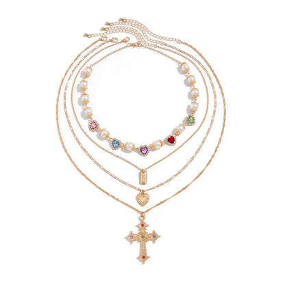 Ingemark Multilayer Rhinestone Love Heart Imitation Pearl Chain Necklace Women Creative Jesus Cross Pendant Choker Y2K Jewelry