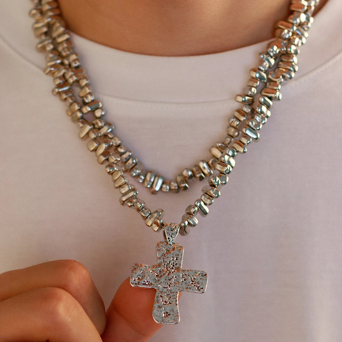 Ingemark 2Pcs/Set Creative Irregular CCB Beads Chain for Men Trendy Goth Cross Jesus Pendant Choker Grunge Jewelry Steampunk New