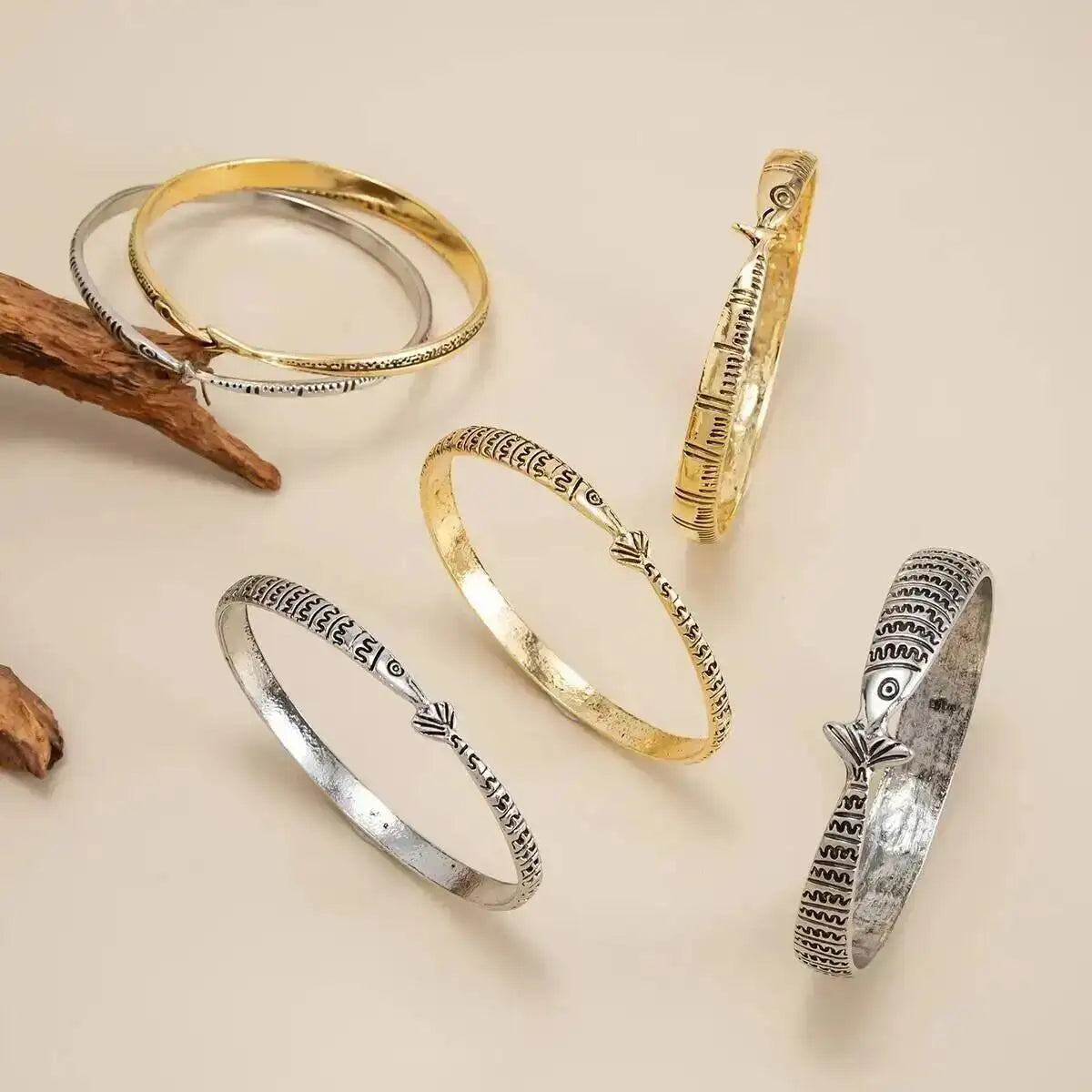 6 Pcs/Set Vintage Fish Pattern Metal Bangle Stack Women's Ethnic Style Bracelet Party Accessory Couple Matching Jewelry