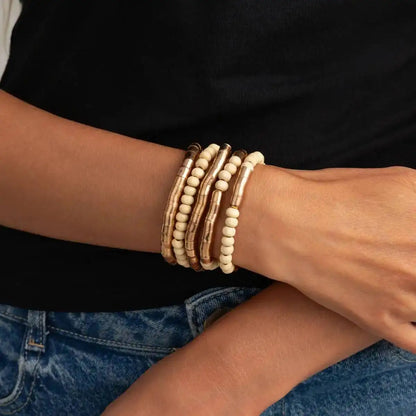 Ingemark 5 Pcs/Set Vintage Wood Beaded Elastic Bracelet for Women Classic Layering Bracelets Charm Bangles Hand Jewelry Gifts