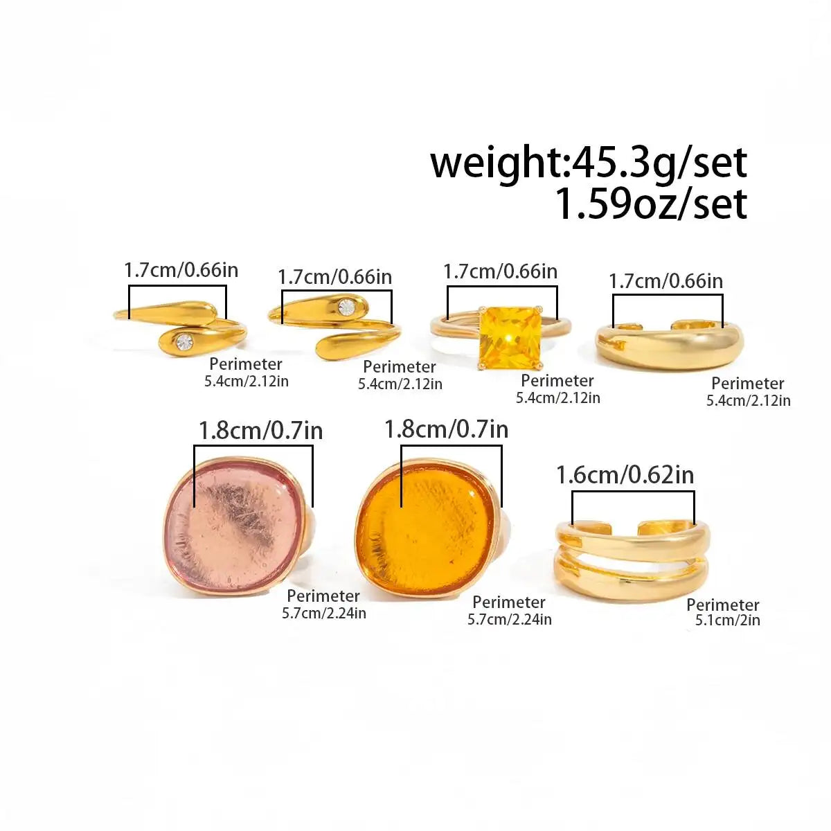 Ingemark 7-piece Inlaid Acrylic Resin Adjustable Open Rings Set Women New Trendy Gold Color Stackable Knuckle Ring Party Jewelry