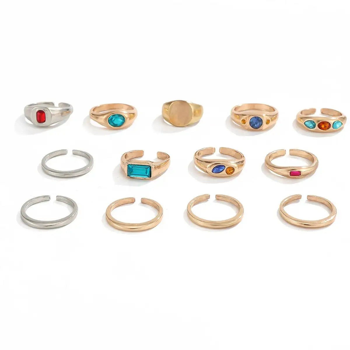 Ingemark 13 Pcs/Set Punk Inlay Colorful Rhinestones Ring for Men Trendy Metal Open Adjustable Rings Stacktable Finger Jewelry
