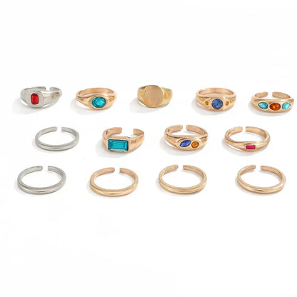 Ingemark 13 Pcs/Set Punk Inlay Colorful Rhinestones Ring for Men Trendy Metal Open Adjustable Rings Stacktable Finger Jewelry