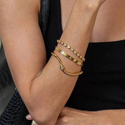 Ingemark Luxury 18K Gold Plated Stainless Steel Bracelets for Women Shiny Zircon Stackable Cuff Open Bangle Waterproof Jewelry