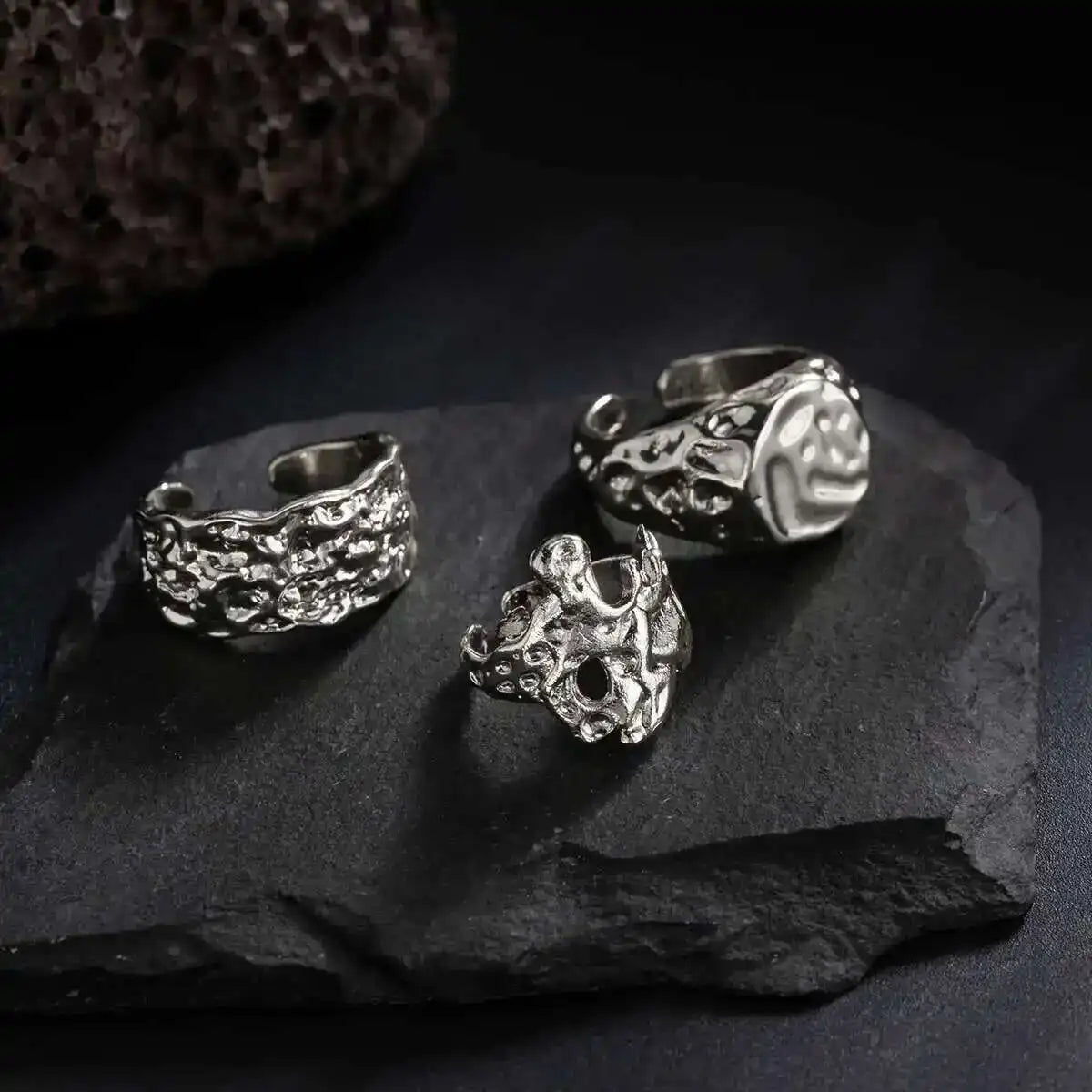 Ingemark 3Pcs/Set Creative Irregular Lava Open Ring for Men 2025 New Trendy Goth Adjustable Chunky Ring Grunge Jewelry Steampunk