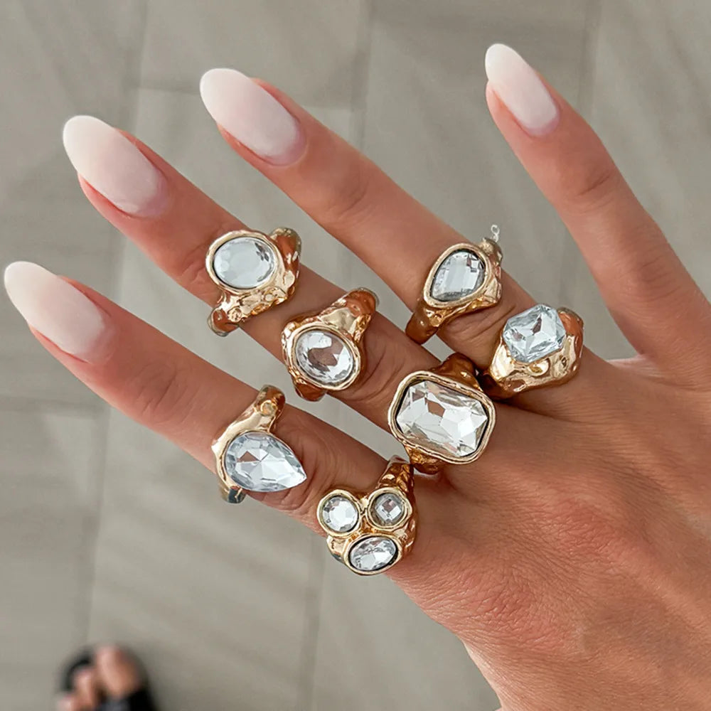 Ingemark 7 Pcs Personalized Sparkling Rhinestone Adjustable Open Rings Set for Women Punk Waterdrop Square Stackable Finger Ring