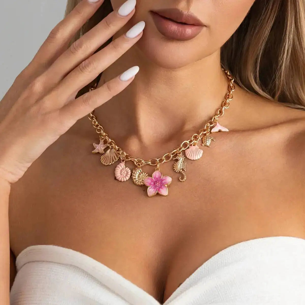 Ingemark Exquisite Pink Starfish Conch Flower Pendant Necklaces Women Summer Beach Adjustable Chain Choker Holiday Jewelry Gifts