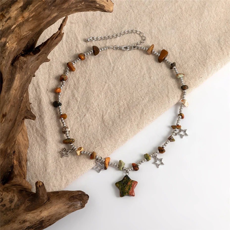 Boho Colorful Irregular Stone Hollow Star Pendant Choker Necklace Women Summer Goth Beads Chain Y2K Jewelry Accessories