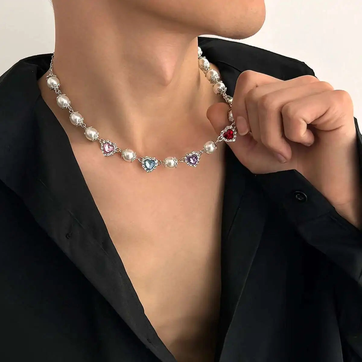 Ingemark Multilayer Rhinestone Love Heart Imitation Pearl Chain Necklace Women Creative Jesus Cross Pendant Choker Y2K Jewelry