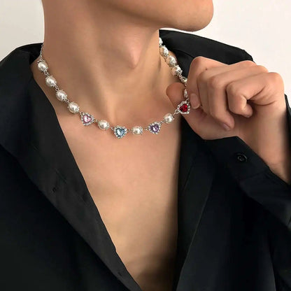 Ingemark Multilayer Rhinestone Love Heart Imitation Pearl Chain Necklace Women Creative Jesus Cross Pendant Choker Y2K Jewelry