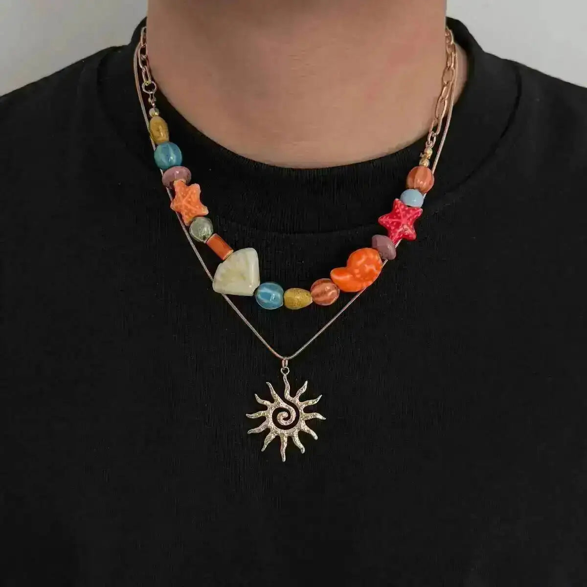 Ingemark 2 Pcs/Set Hip Hop Colorful Ceramic Sea Star Conch Bead Choker Necklace for Men Punk Retro Spiral Sun Pendant Necklaces