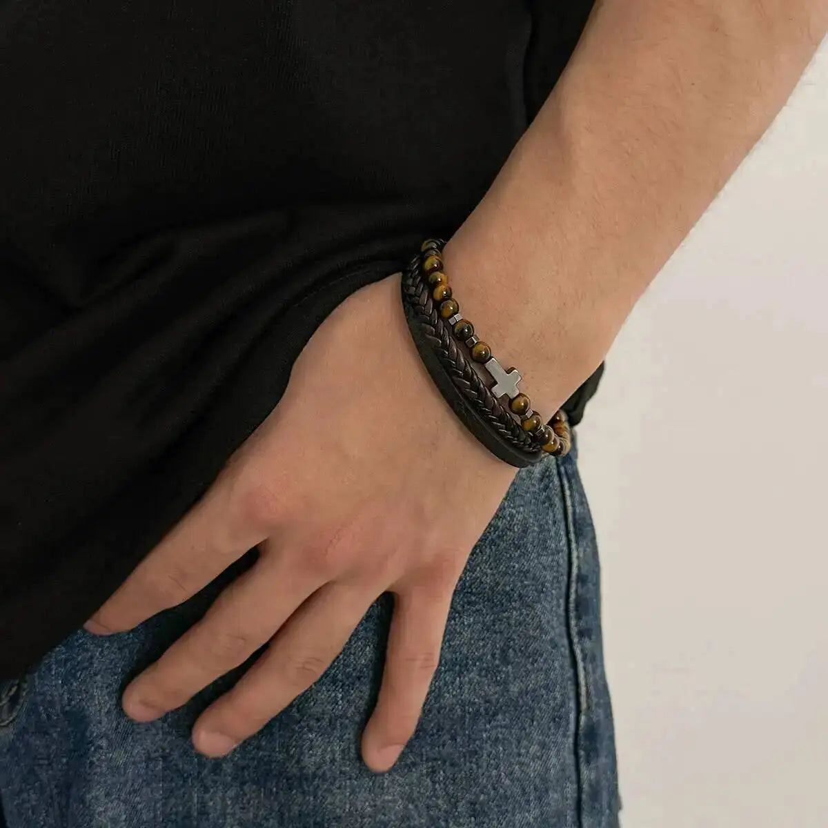 Ingemark Vintage Multi Layer Woven Wide Leather Bracelet for Men Trend Goth Stainless Steel Cross Charm Bangle Male Hand Jewelry