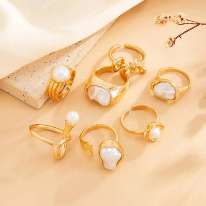Ingemark 7 Pcs Baroque Imitation Pearl Open Rings Set for Women Elegant Irregular Stackable Adjustable Finger Ring Jewelry Gift