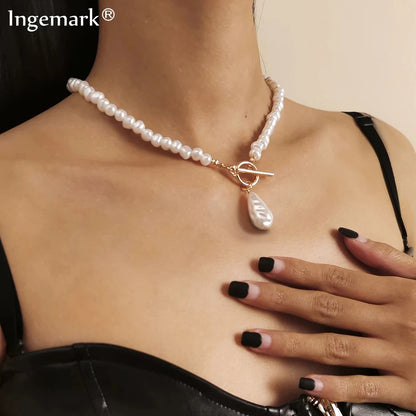 Ingemark Vintage Imitation-Pearl Heart OT Buckle Pendant Necklace Women Wedding Bridal Bead Chain Neck Accessories Jewelry New