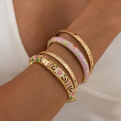 Ingemark 4Pcs/Set Elegant Enamel Dropped Glaze Flower Cuff Bracelet Women Exquisite Glass Rhinestone Gold Color Open Bangle