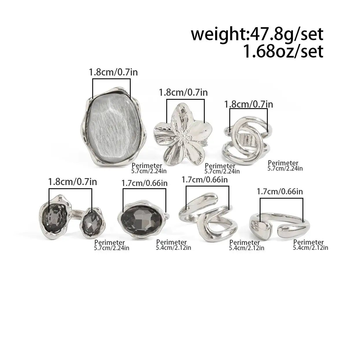 Ingemark 7Pcs Stylish Rhinestone Open Rings Set for Women Retro Gothic Stackable Big Flower Adjustable Finger Ring Jewelry Gifts