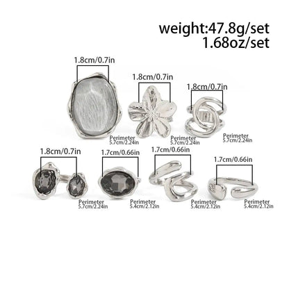 Ingemark 7Pcs Stylish Rhinestone Open Rings Set for Women Retro Gothic Stackable Big Flower Adjustable Finger Ring Jewelry Gifts