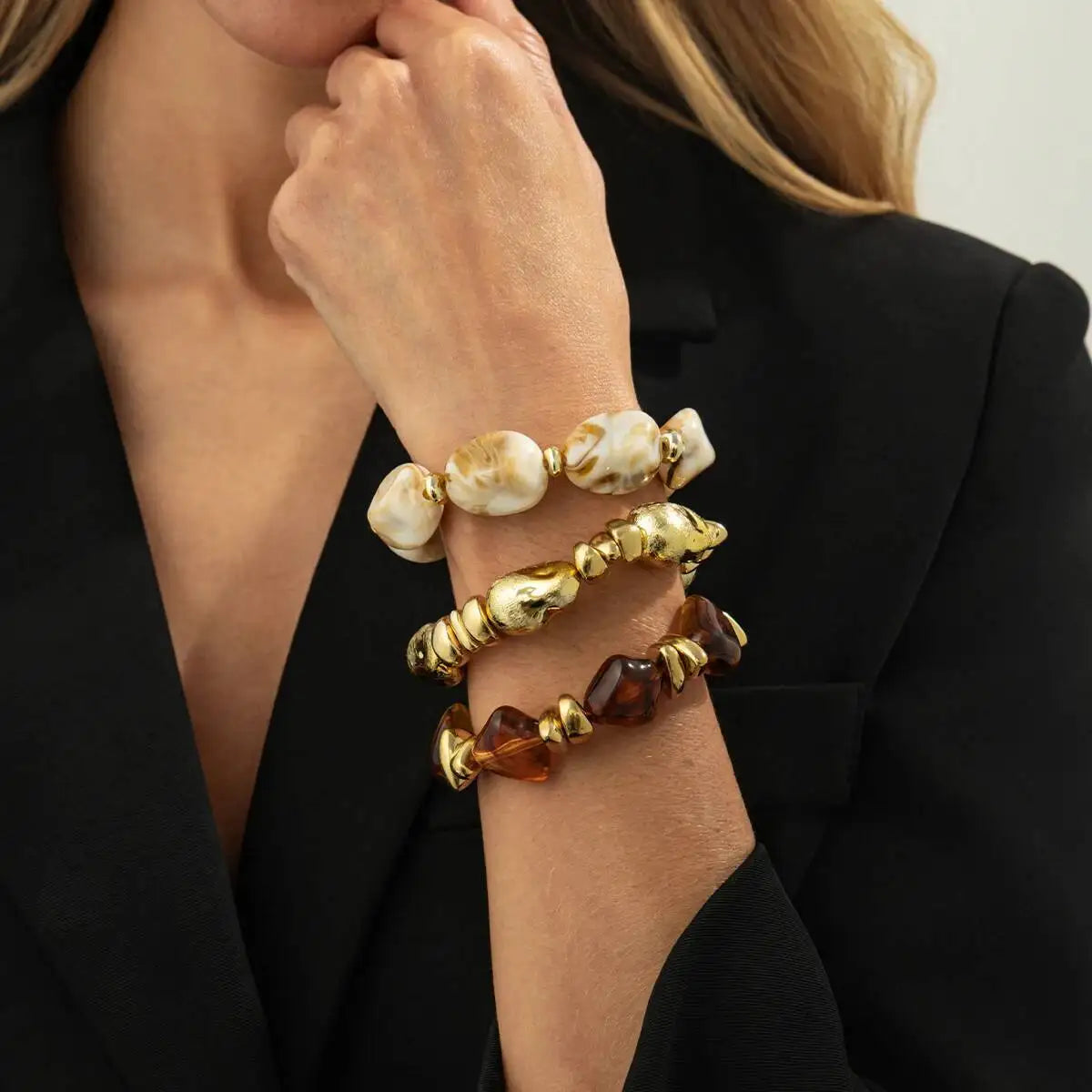 3 Pcs/Set Y2K Bohemian Acrylic Resin CCB Beads Bracelets Vintage Baroque Style Splicing Bangle Women's Daily Charm Jewelry