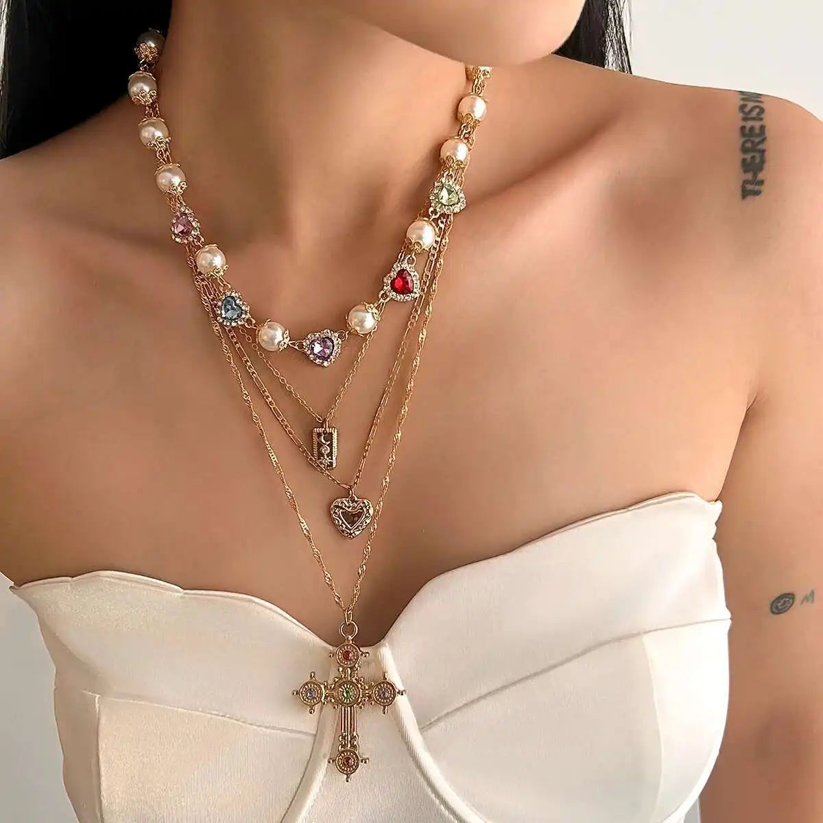 Ingemark Multilayer Rhinestone Love Heart Imitation Pearl Chain Necklace Women Creative Jesus Cross Pendant Choker Y2K Jewelry