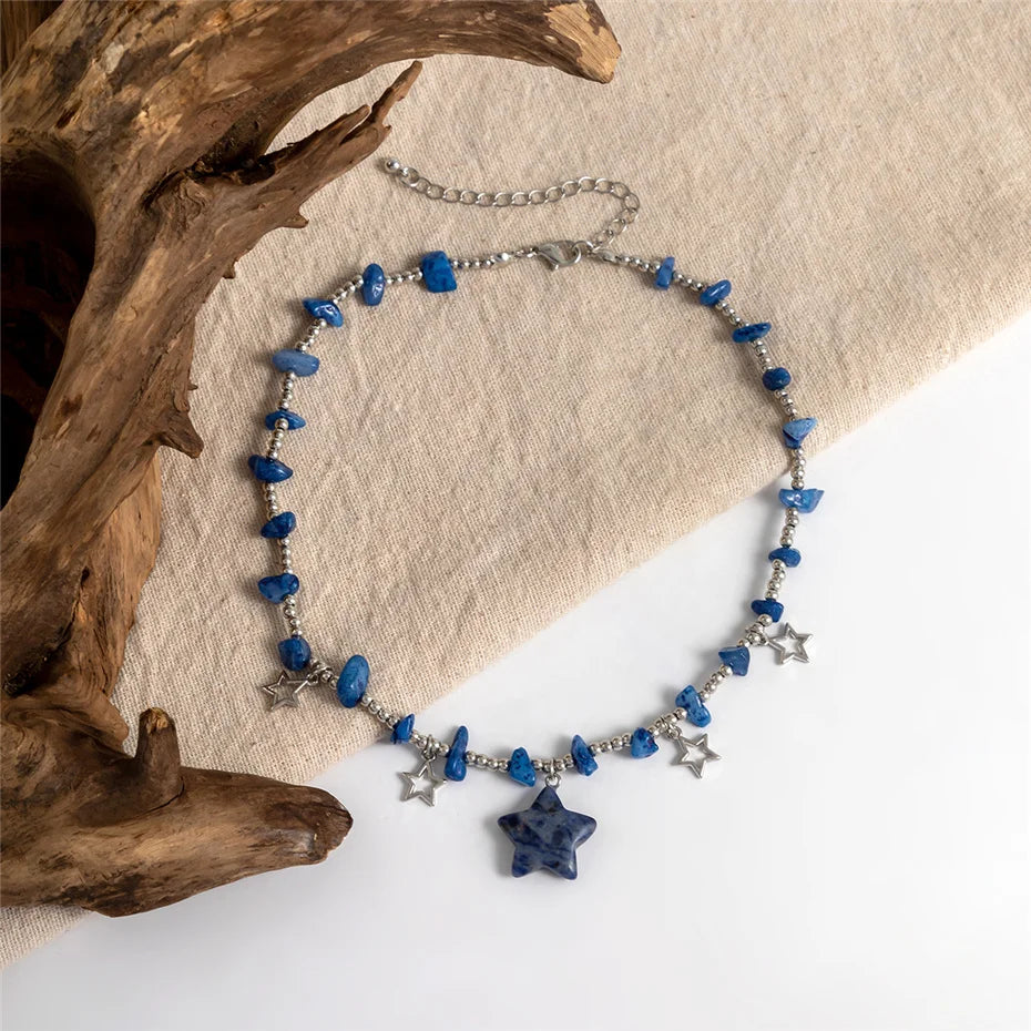 Boho Colorful Irregular Stone Hollow Star Pendant Choker Necklace Women Summer Goth Beads Chain Y2K Jewelry Accessories