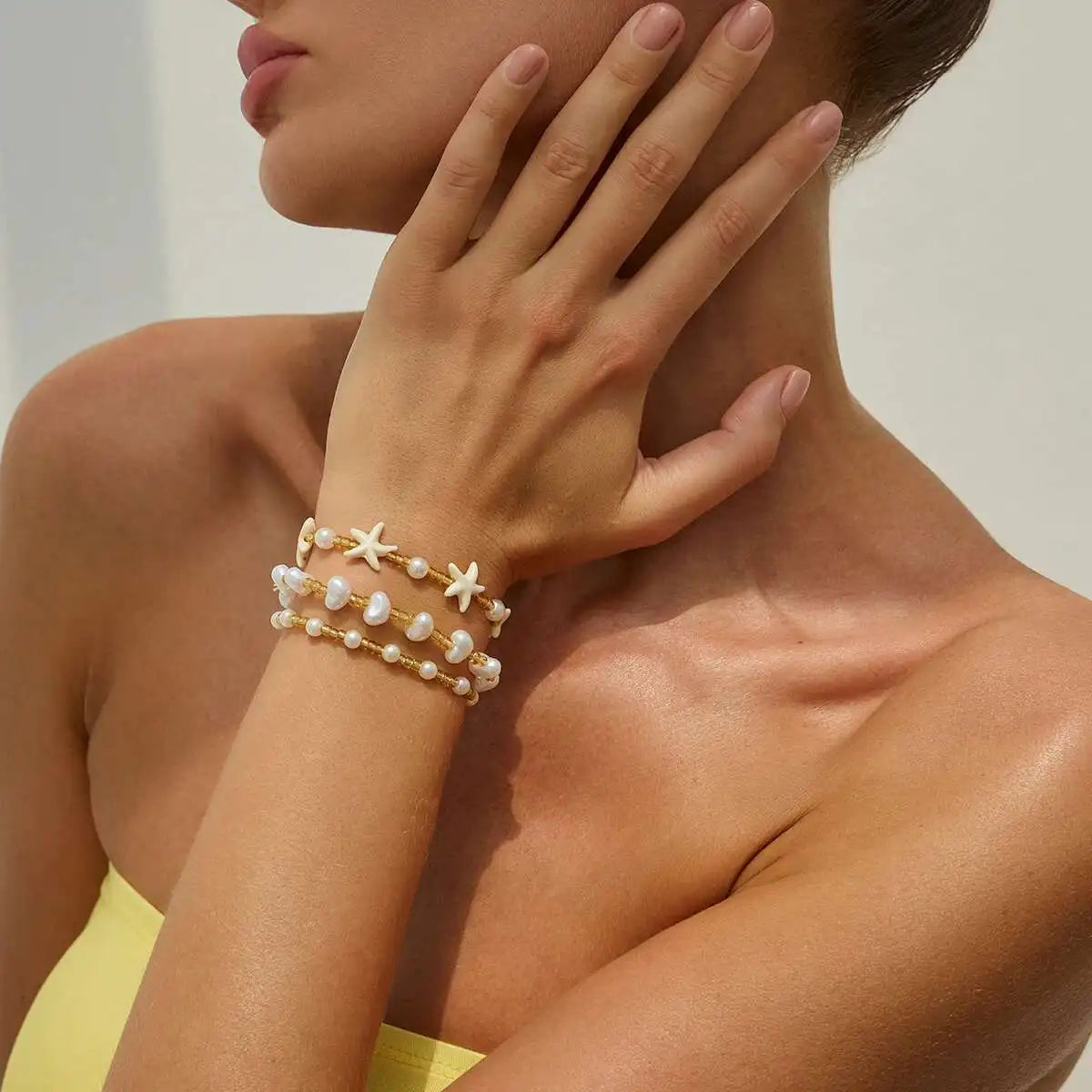 Ingemark 3Pcs/Set Boho Imitation Pearl Starfish Beads Bracelets Women Romantic Elegant Charm Bangle Daily Party Banquet Jewelry