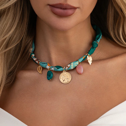 Ingemark Elegant Adjustable Silk Scarf Choker Necklace for Women Vintage Boho Leaf Coin Pendant Necklace Daily Jewelry Gift