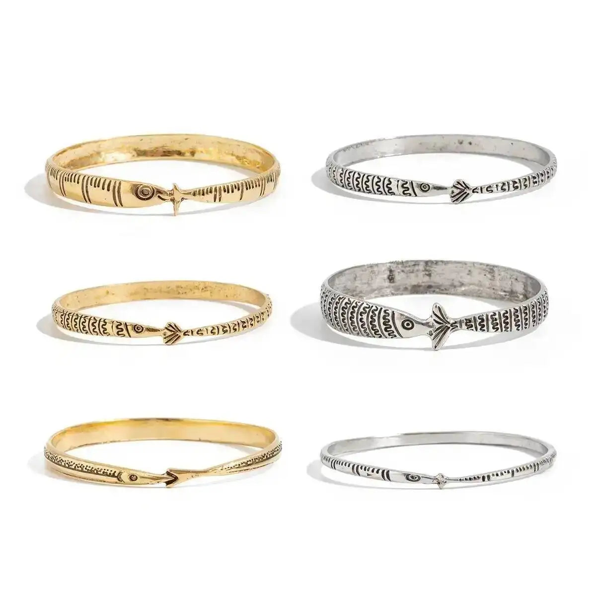 6 Pcs/Set Vintage Fish Pattern Metal Bangle Stack Women's Ethnic Style Bracelet Party Accessory Couple Matching Jewelry