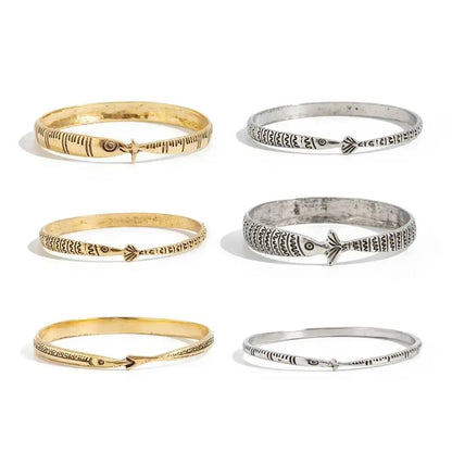 6 Pcs/Set Vintage Fish Pattern Metal Bangle Stack Women's Ethnic Style Bracelet Party Accessory Couple Matching Jewelry