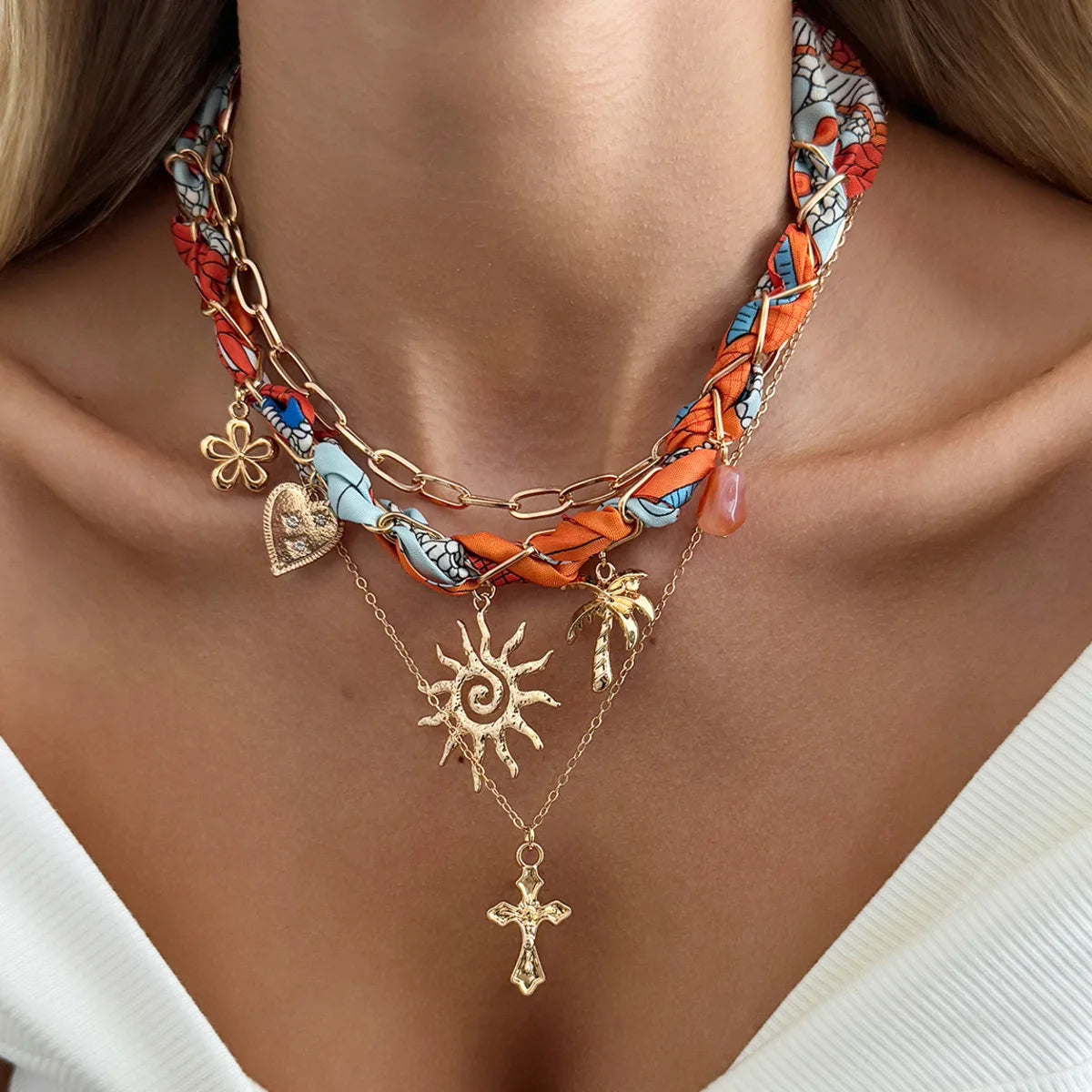 Ingemark 3Pcs/Set Boho Scarf Ribbon Choker Necklace Women Vintage Cross Sun Flower Starfish Conch Coconut Tree Pendant Necklace