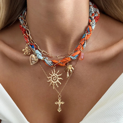 Ingemark 3Pcs/Set Boho Scarf Ribbon Choker Necklace Women Vintage Cross Sun Flower Starfish Conch Coconut Tree Pendant Necklace
