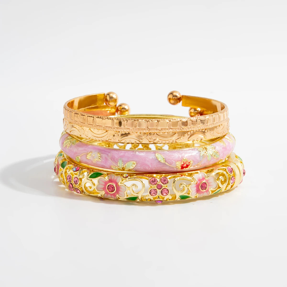Ingemark 4Pcs/Set Elegant Enamel Dropped Glaze Flower Cuff Bracelet Women Exquisite Glass Rhinestone Gold Color Open Bangle
