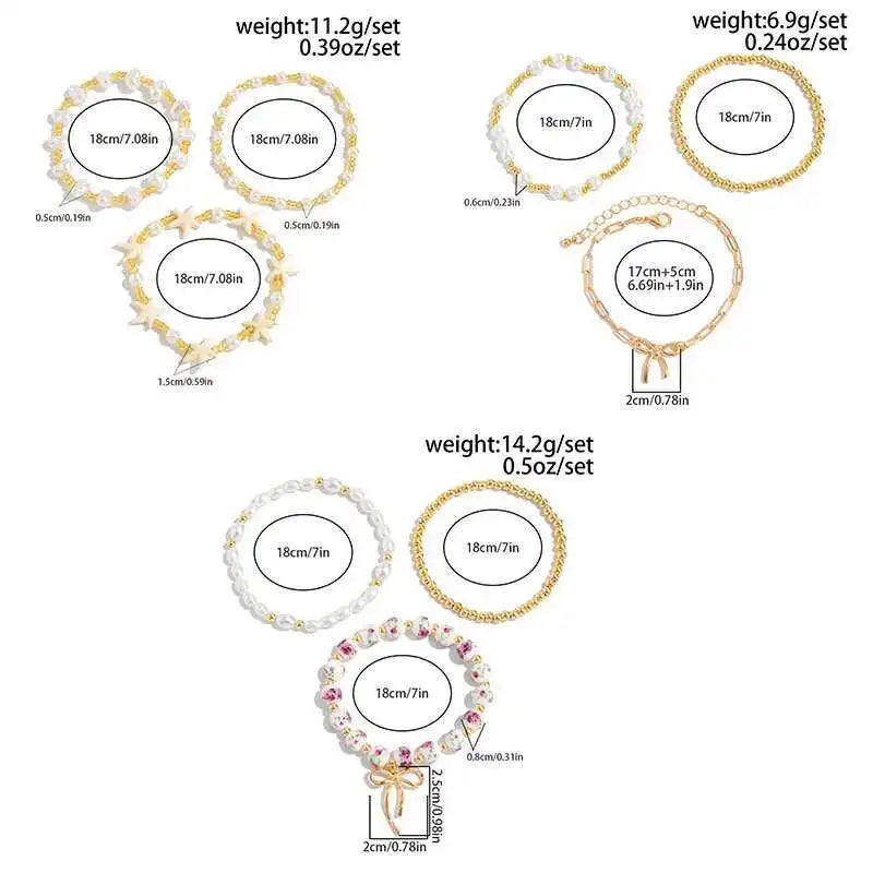 Ingemark 3Pcs/Set Boho Imitation Pearl Starfish Beads Bracelets Women Romantic Elegant Charm Bangle Daily Party Banquet Jewelry