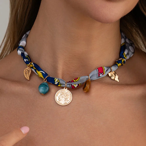 Ingemark Elegant Adjustable Silk Scarf Choker Necklace for Women Vintage Boho Leaf Coin Pendant Necklace Daily Jewelry Gift