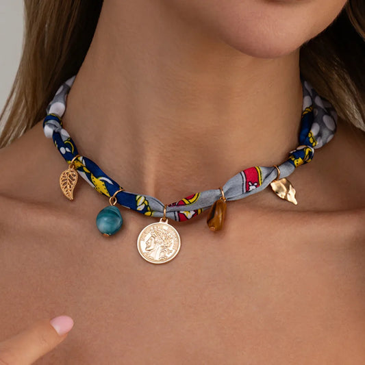 Ingemark Elegant Adjustable Silk Scarf Choker Necklace for Women Vintage Boho Leaf Coin Pendant Necklace Daily Jewelry Gift