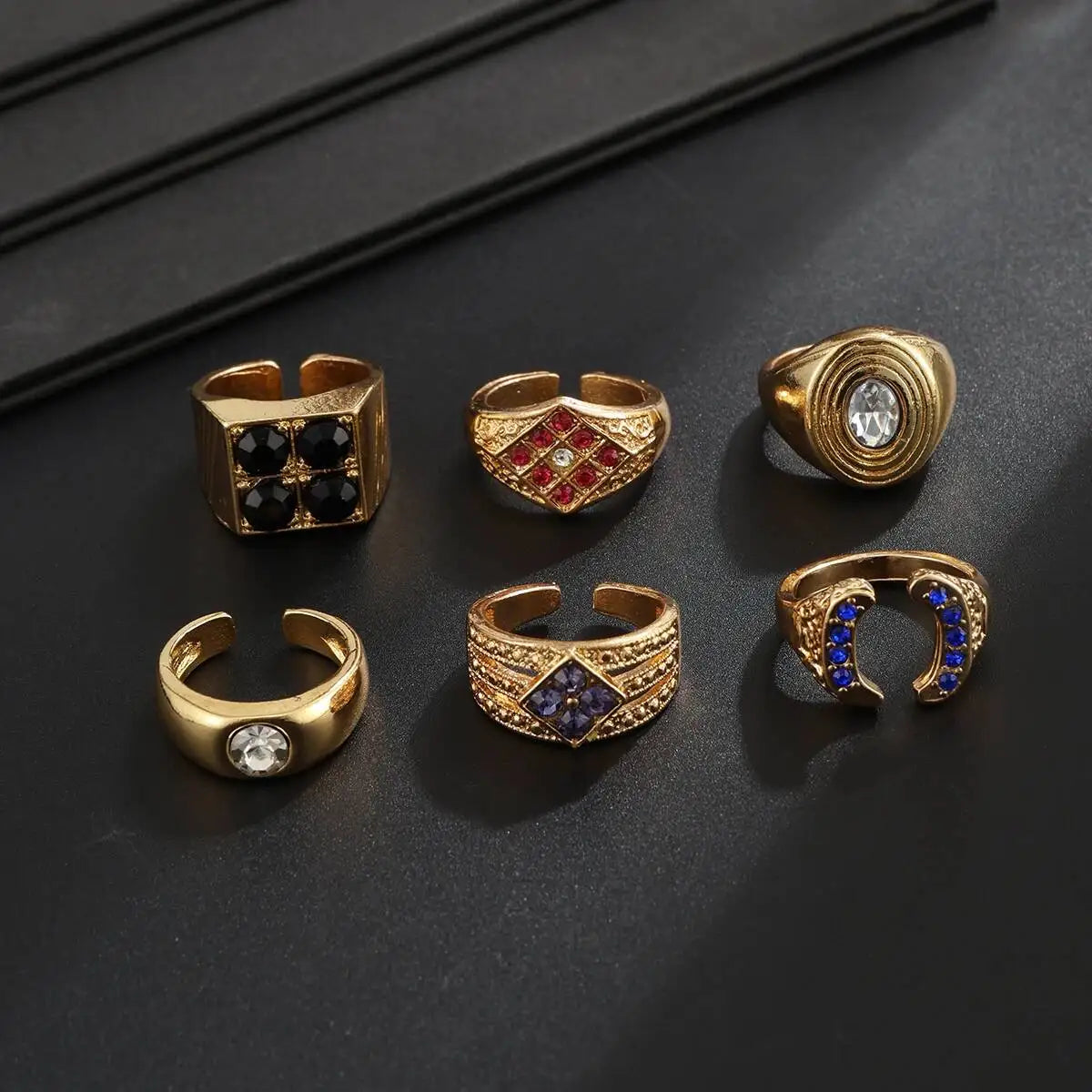 Ingemark 6 Pcs Hip Hop Colorful Rhinestones Adjustable Open Rings Set for Men Punk Retro Irregular Stackable Chunky Finger Ring