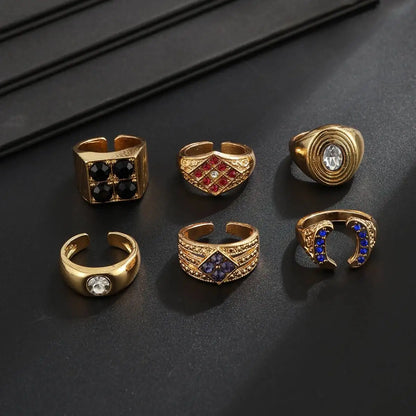 Ingemark 6 Pcs Hip Hop Colorful Rhinestones Adjustable Open Rings Set for Men Punk Retro Irregular Stackable Chunky Finger Ring